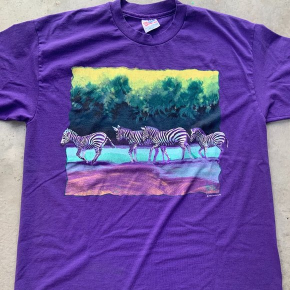 Vintage 90's Purple Zebra Zoological Park Short Sleeve Crew Neck Tshirt - Picture 1 of 4